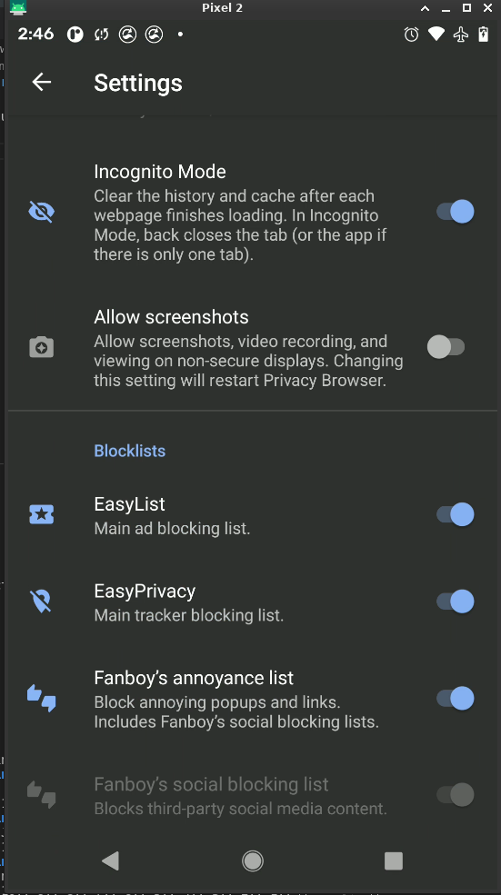 Settings Enable Incognito